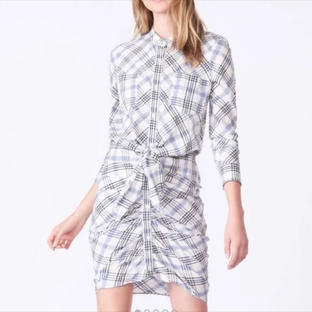 Veronica Beard‎ Della Ruched Plaid Button Front Long Sleeve Shirt Dress 2